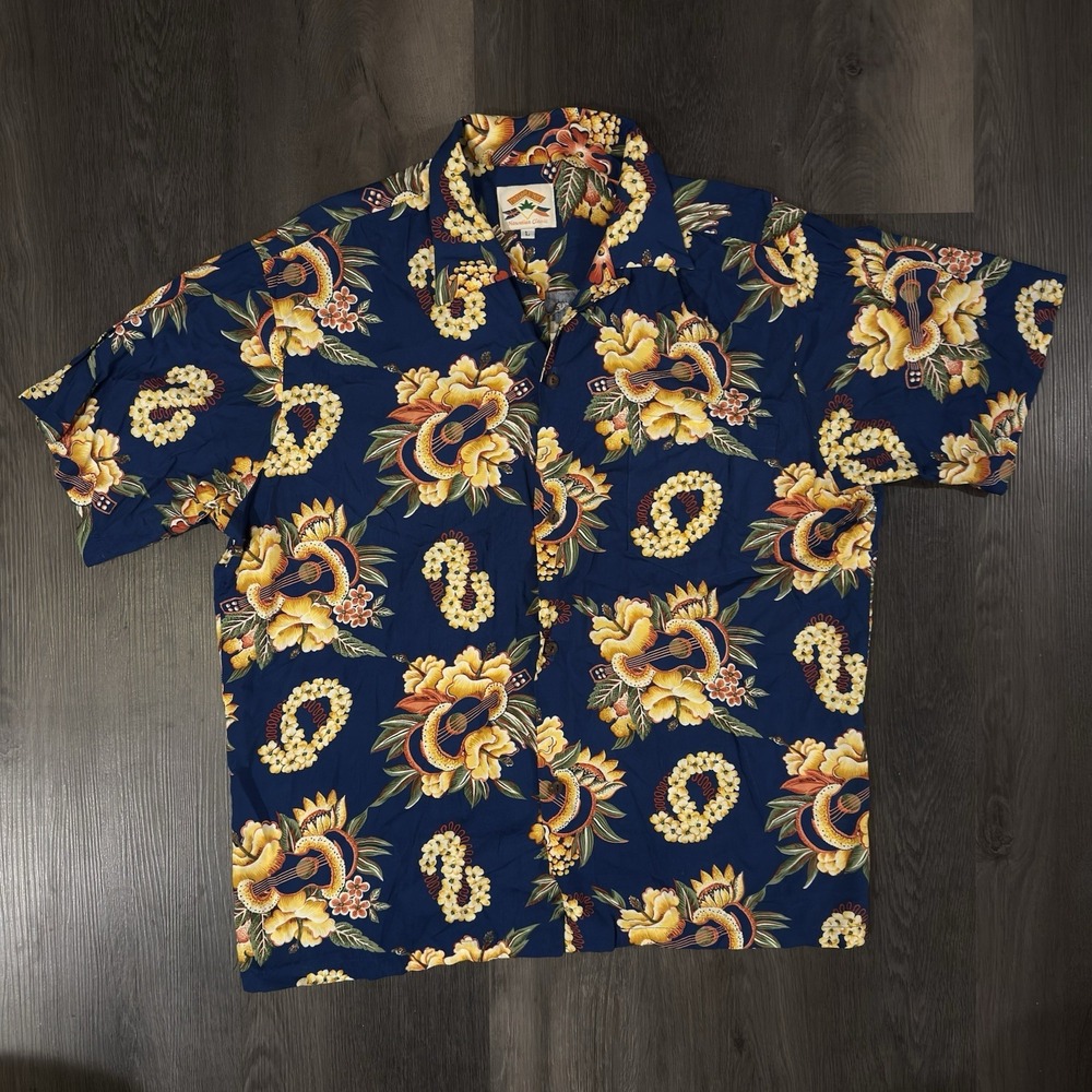 VTG Pineapple Juice Shirt Mens Large Hawaiian Floral Ukulele Hibiscus Print USA